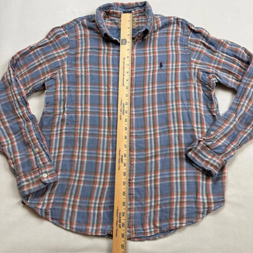 Polo Ralph Lauren Classic Fit RL Untucked Plaid Flannel Shirt Blue Red Mens LG